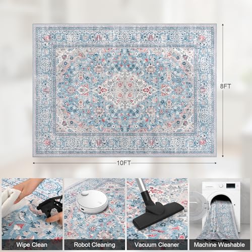 Blue Washable Vintage Non Slip Area Rug, 8x10 Boho Floral Living Room Rugs, Soft Low Pile Indoor Mat, Aesthetic Pattern Carpet for Bedroom Kitchen and Dining Room - color: Blue, size: 8' x 10' (Rectangular)