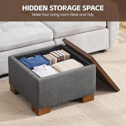 WUTUTUEE 24" Square Ottoman Coffee Table with Storage, Boucle Ottomans with Tray and Solid Wood Legs for Living Room, Bedroom and Apartments, Small Modern Ottoman Tea Table with Lift-Off Lid, Grey - color: 24'' Grey Boucle