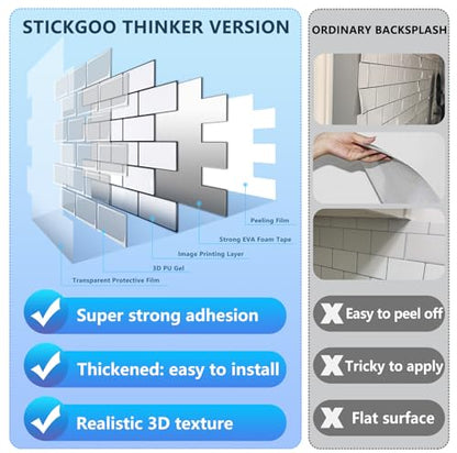 STICKGOO Subway Tile Peel and Stick Backsplash, Thicker Design 12" x 12" Stick on Backsplash Tiles for Kitchen, Bathroom, Wall Tile (10 Sheets, Cold White with Black Grout) - color: Cold White With Black Grout