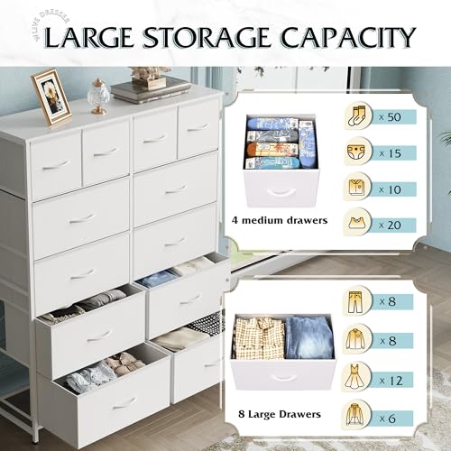 WLIVE 12 Drawer Tall White Fabric Dresser Bedroom Storage Chest | White tall 12-drawer fabric dresser with wood top, perfect baby dresser for nursery kids room toddler closet storage - color: White