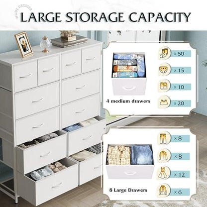 WLIVE 12 Drawer Tall White Fabric Dresser Bedroom Storage Chest | White tall 12-drawer fabric dresser with wood top, perfect baby dresser for nursery kids room toddler closet storage - color: White