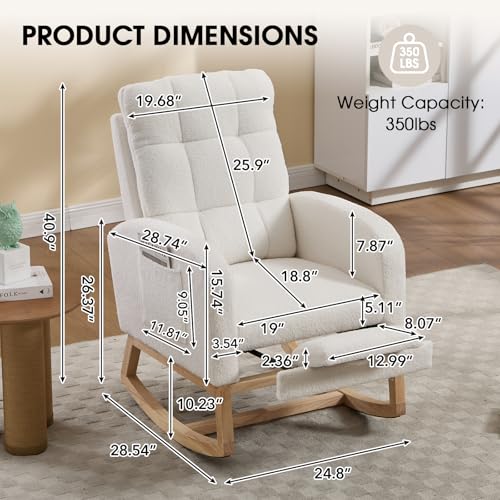 Rocking Chair Nursing, Rocker Chair with Footrest (White Retro) | Teddy Boucle Upholstered Accent Reading Chair with High Back & Side Pocket for Living Room Bedroom Nursery Office - color: White Retro