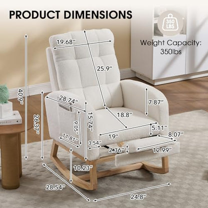 Rocking Chair Nursing, Rocker Chair with Footrest (White Retro) | Teddy Boucle Upholstered Accent Reading Chair with High Back & Side Pocket for Living Room Bedroom Nursery Office - color: White Retro