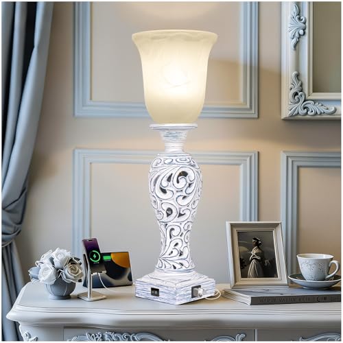 3-Way Dimmable Table Lamp with 2 USB Charging Ports, Washed Blue Finish | 20" Desk Lamp, Uplight, White Alabaster Glass Shade, Rustic Farmhouse Nightstand Light for Living Room Entryway or Office - color: Washed Blue-1 PCS