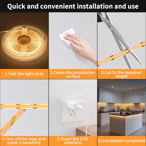 Meliya COB LED Strip Light, 5V USB LED Strip Light, 6.6ft Bright Daylight White Flexible Dimmable Light Strip for Display Cabinet, Living Room, TV Cabinet, Mirror, Kitchen Cabinet, Bedroom