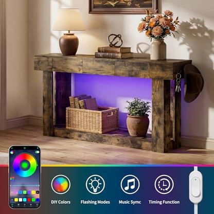 63'' Console Table with 3 Drawers and Open Storage, Entryway Table with Socket, LED Light and Hooks, Narrow Long Wood Sofa Table Behind Couch Table for Living Room, Hallway, Foyer, Brown - size: 63'' IN