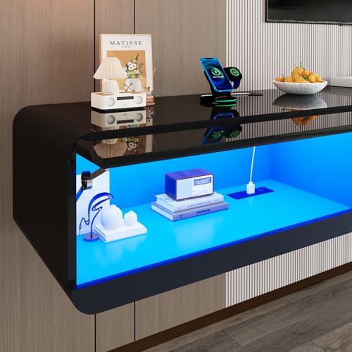 St.Mandyu Floating LED TV Stand for TVs Up to 100 inch, 94.5 inch Modern Entertainment Center with Led Lights & Power Outlet, Wall Mounted Hanging Media Console for Living Room, Black - color: Black