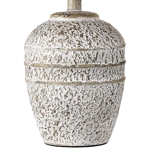 Farmhouse Ceramic Table Lamp, Natural Distressed Earth Tone Finish, Grey | Modern Bedside Lamp with Linen Shade, Rustic Table Lamp for Living Room, Bedroom Nightstands Dining Office