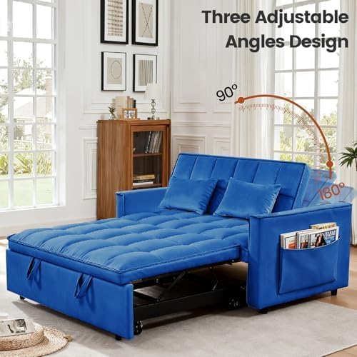 Sleeper Sofa Bed with Adjustable Backrest & Side Pockets, Blue | Adjustable Backrest & Side Pockets,Pull Out Sofa,Comfortable Fabric - color: S-blue-4pa