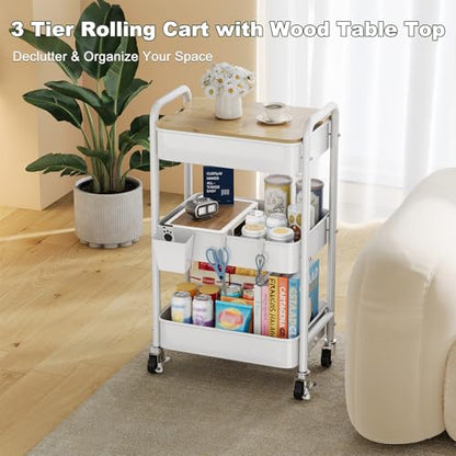 3 Tier Rolling Cart with Wood Table Top, White Bedside Cart on Lockable Wheels, Metal Utility Storage Organizer Carts for Kitchen, Art, Craft, Nail, Salon, Lash, Nursery, Bathroom, Baby Diaper Caddy - color: White