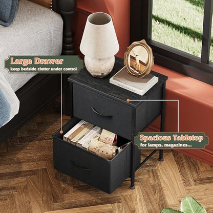WLIVE Black Nightstand Set of 2, Night Stand with 2 Fabric Drawers, Small Dresser for Bedroom, Bedside Tables for Small Spaces, Dorm, Wood Top | Versatile Small Side Table, Sturdy Metal Frame & Adjustable Feet, 15-Min Quick-Assembly - color: Black (Set of