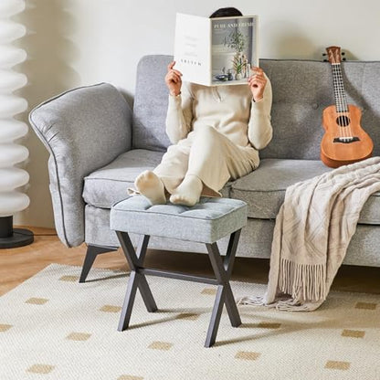 IBUYKE Square Makeup Stool with X-Leg, Linen Vanity Chair, Blue Gray LG-70L | Footrest Ottoman Seat Multi-Use Small Side Table Bedroom Living Room - color: Blue Grey, size: 17.72"-Linen
