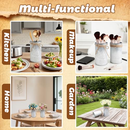 6" High Rustic Metal Mason Jar Vase Centerpiece for Table, Silver, 6 pcs | Leakproof, Galvanized metal, With twine bow, for wedding / parties / home/ office, For fresh & fake flowers, Utensil holder‌ - color: Silver