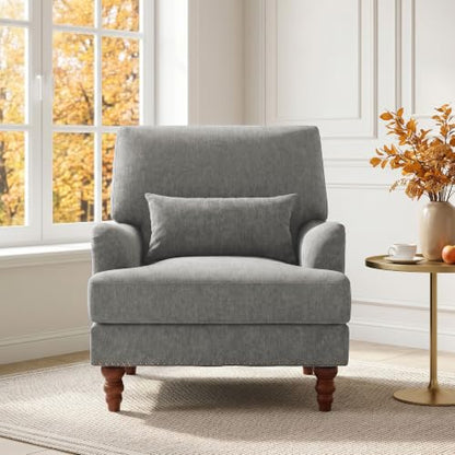 Mid-Century Modern Accent Chair with Lumbar Pillow, Light Brown, 2 Pack | Upholstered Chenille Armchair, Solid Wood Frame & Legs, Comfy Reading Lounge Sofa for Living Room Bedroom, & Small Spaces - color: Chenille Light Brown, size: 2 Seat