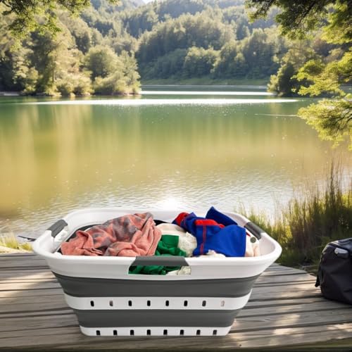 SAMMART 42L (11 gallon) Collapsible Plastic Laundry Basket - Foldable Pop Up Storage Container/Organizer - Space Saving Hamper/Basket (1, White/Steel Gray) - color: White/Steel Gray