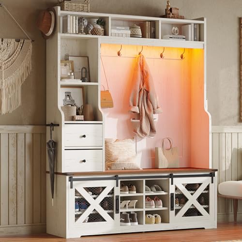 AMERLIFE 75" 7-in-1 Farmhouse Hall Tree with Shoe Bench & LED, Rustic White | 7-in-1 Design, 16-Color RGB LED Lights, Barn Door Cabinet, 12 Shoe Cubbies, 2 Drawers, Adjustable Shelves, Coat Racks - color: Rustic White