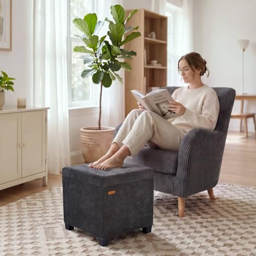 ABHENG Steel Frame Square Ottoman with Storage Charcoal UASND641B | 17.7" x 17.7" x 17.7", Hold 660 lbs, 48L Storage Capacity, Breathalbe Chenille, Removable Lid, for Dorm Living Room - color: Chenille-charcoal, size: 17.7"D x 17.7"W x 17.7"H