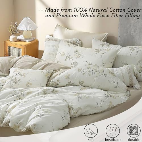 LEMIROE Floral Cotton Comforter Queen Size - Cream Comforter with Luxurious Grey Branches & Subtle Beige Blossoms,Reversible Lightweight Bedding Sets 3Pcs(90"×90") - color: Floral - Cream Beige, size: Full/Queen (90"×90")