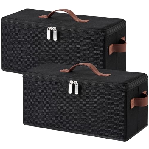 2PCS Storage Bin DVD Box CD Case Holder Basket with Zippered Lids | Cotton Linen Fabric Container, Decorative Foldable Stackable Washable Shelf Closet Organizer, PU Leather Handles, Black-Small - size: Small ( Pack of 2 )