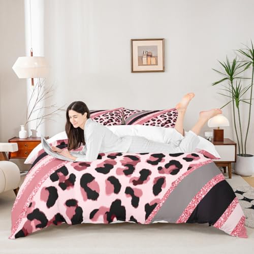 Abstract Leopard Kids Duvet Cover Set Queen Size,Cheetah Skin Wild Animals Bedding Set,Girls Boys Adults Room Decor,Geometric Stripes Fashion Comforter Cover,Pink Dreamy Quilt Cover,2 Pillowcases - color: A-leopard 04, size: Queen 90"x90"