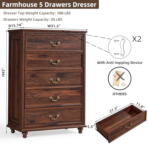 Joaxswe Farmhouse 5 Drawer Dresser for Bedroom, 45" Tall Rustic Chests of Drawers w/ 4 Solid Wood Feet, Mid Century Modern Wooden Closet Storage Dressers Organizer for Living Room, Hallway, Brown - color: Brown, size: 15.7"D x 31.5"W x 44.9"H (5 Drawers)