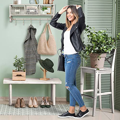 HBCY Creations Wall Mounted Shelf with Coat Hooks and Baskets, Solid Wood Entryway Organizer Wall Shelf with Hooks - Hang Coats, Keys or Coffee Mugs, Rustic Whitewashed 24" Wide - color: Whitewashed
