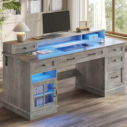 HAUOMS Farmhouse Executive Desk Computer Desk with Drawers，Grey | Executive Office Desk with File Drawers, Power Outlet, Led Lights, Storage Cabinet and Monitor Shelf for Home Office - color: Grey