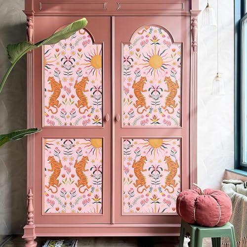 Pink Tiger Peel and Stick Wallpaper - Tropical Tiger Boho Removable Self Adhesive Jungle Animal Wall Paper for Bedroom, Living Room, Nursery Waterproof DIY Wall Decor (17.3" x 240") | Waterproof Removable Self Adhesive Wallpaper, Boho Jungle Animal Contac