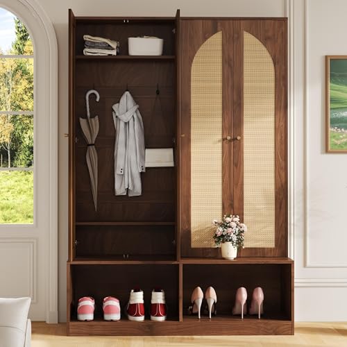 JIVOIT Bohemian Farmhouse Widen Hall Tree with 4 Rattan Doors, Versatile 4-In-1 Hall Tree, Mid-Century Entryway Shoe Cabinet with Adjustable Shelf and 6 Hooks, Seating Bench for Living Room - color: Walnut//53