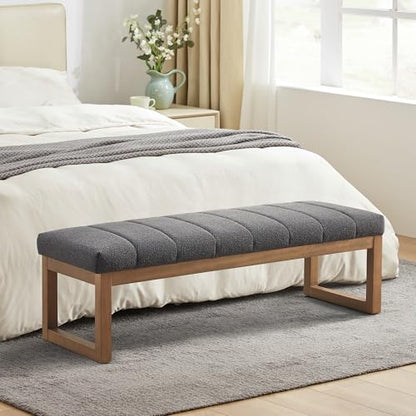 Zihanhome 52.7" Bedroom Bench for End of Bed, Modern Upholstered Teddy Fabric Entryway Bench & Dining Bench, Footrest Stool Bench with Solid Wood Frame for Bedroom, Living Room (Grey) - color: Grey