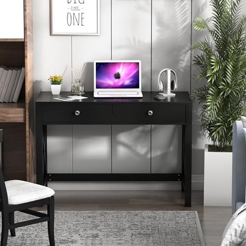 WiberWi Home Office Desk with Drawers, Modern Writing Computer Desk for Bedroom, Small Makeup Vanity Table Study Table for Home Office,Black - color: Black