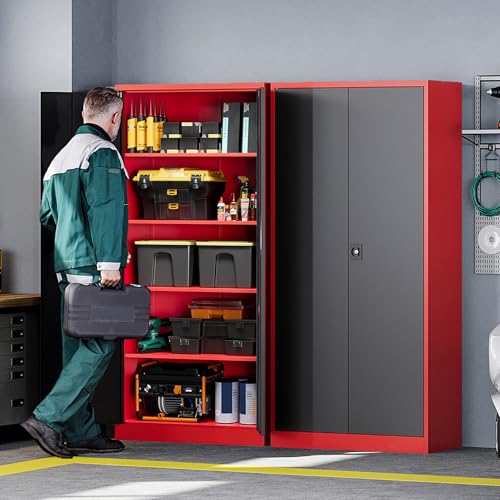 Metal Storage Cabinets with Lock, 71" Tall Locker Organizer Steel Cabinets, Adjustable Shelves 2 Doors for Home, Office, Warehouse,Garage,Industrial,Employee Lockers (Style B, Black Red) - color: Black Red, size: 16"D x 32"W x 71"H