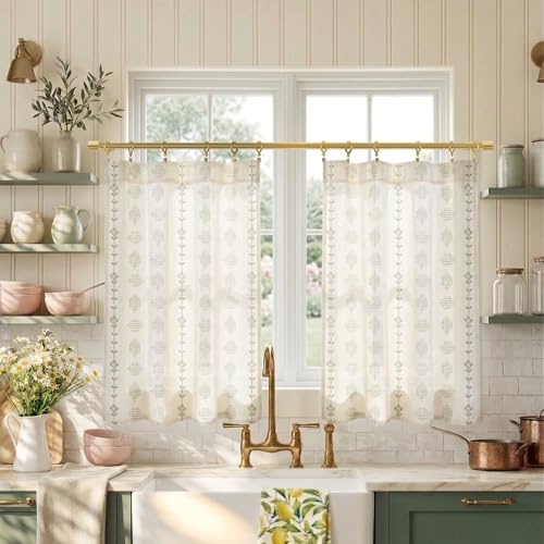 Lino Rosa Kitchen Window Curtains Over Sink,Sage Green Boho Vintage Floral Sheer Curtain for Bathroom Window Cafe,36 Inch Length,Cream Colored - color: Light Green, size: 24"W x 36"L (Pack of 2)