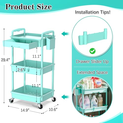 SUNALLY 3 Tier Rolling Cart with Drawer, Craft Storage Cart Organizer, Blue | Bathroom Storage Organizer with 2 Lockable Wheels, Rolling Utility Cart for Kitchen, Office, Baby, Makeup, Nail,Snack,Laundry - color: Blue, size: 3 Tier