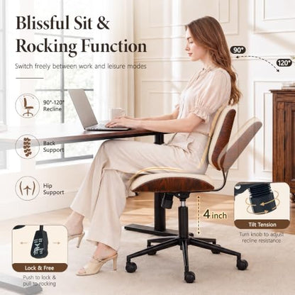 Armless Office Chair, Small Comfy Leather Desk Chair with Wheels | PU Leather, Adjustable Height, Swivel Rolling, Mid Back Computer Chair, Home Bedroom Meeting Room, Beige - color: Beige