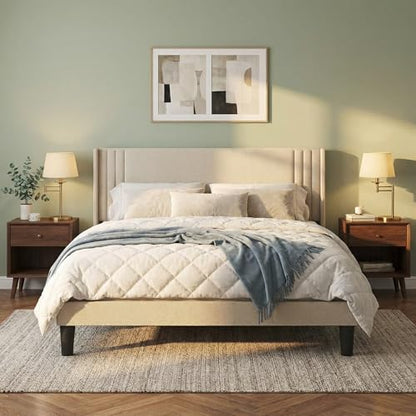 Gizoon Queen Bed Frame with Wingback Headboard, Upholstered Platform Bed | Bed Frame with Padded Headboard,Wooden Slats, Noise-Free, No Box Spring Needed, Easy Assembly,Beige - color: Beige, size: Queen