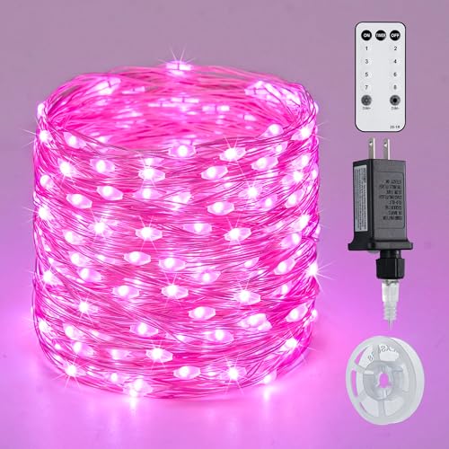 JMEXSUSS 200 LED Room Fairy Lights, 66 ft Pink Lights Outdoor Waterproof | 8 Modes Pink String Lights Indoor with Wheel, Remote Control Twinkle Christmas Lights Plug in for Christmas bedroom Decor - color: Pink, size: 66FT 200LED