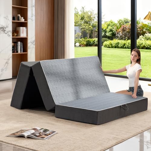 Tri Folding Mattress Full Size - 6 Inch Dual-Layer Memory Foam Foldable Mattress Portable Futon Sofa Bed with Removable Washable Cover, Handle & Non-Slip Bottom for Guest, Camping, RV, Yoga, Home Use - size: Full