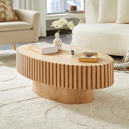 JUSTONE 43.31 Inch Oval Coffee Table, Farmhouse Wood Farmhouse Style with Handcrafted Relief & Circle Drum Design for Living Room & Apartments, 43.31x13.78 Inches (Oak) - color: 43.3'' Oval - Oak