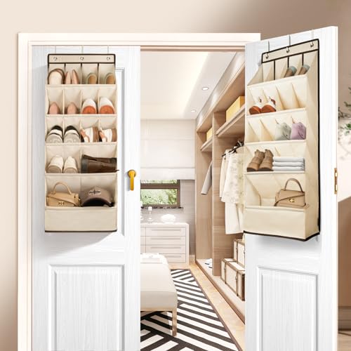 1 Pack Over the Door Shoe Organizers, Hanging Organizers with Large Pockets | with Large Deep Pocket Shoe Holder for Closet Shoes Rack for Wall, Over Door Shoe Storage Hold up to 18 Pairs Shoes, Beige - color: BEIGE, size: 18+ Pairs