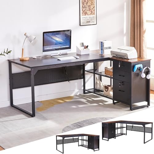 70 Inch Reversible L Shaped Desk with Drawers,Executive Desk with Power Outlet, Lockable File Drawer and Storage Shelves,L Shaped Office Desk with Pegboard,Large Corner Desk for Home Office (70.5")