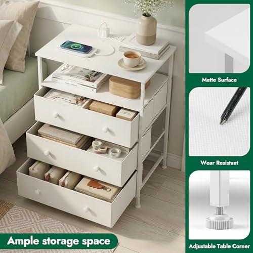 3-Drawer LED Nightstand with Charging Station, White | Engineered Wood and Steel, 2 AC and 2 USB ports, 24 Inch Wide, RGB App Control, Fabric Drawers, Open Storage Shelf - color: White