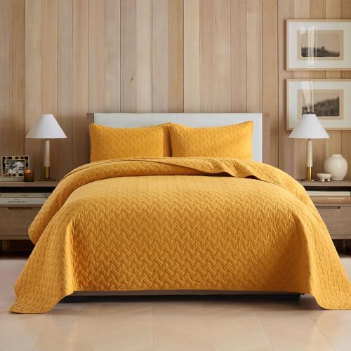 Wistown Cotton Queen Bedspread Quilt Bedding Set, Yellow | 3 Pieces Reversible Lightweight Soft Coverlets Comforters, All Seasons, Weave Stitching Pattern - color: Yellow Weave Pattern, size: Queen (90 by 98inch)