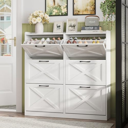 Maupvit Large Shoe Storage Cabinet with 6 Flip Drawers, Freestanding Shoe Organizer with Metal Handles for Entryway, Narrow Shoe Rack Cabinet, White - color: White, style: 6-Drawers