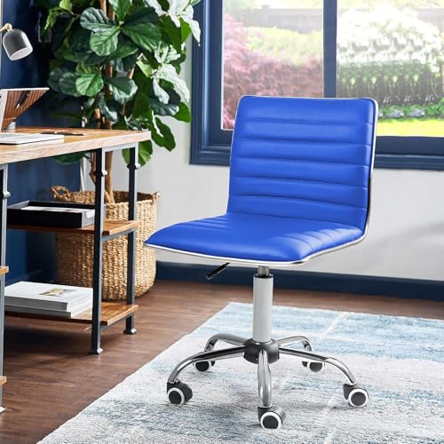 JUMMICO Armless Vanity Office Chair with Wheels, Small Cute Makeup Desk Chair Ribbed Leather Swivel Computer Task Chair (Blue) - color: Blue