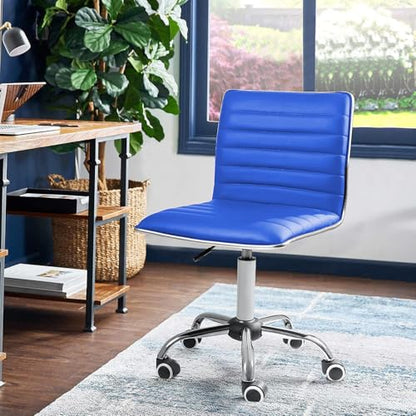 JUMMICO Armless Vanity Office Chair with Wheels, Small Cute Makeup Desk Chair Ribbed Leather Swivel Computer Task Chair (Blue) - color: Blue
