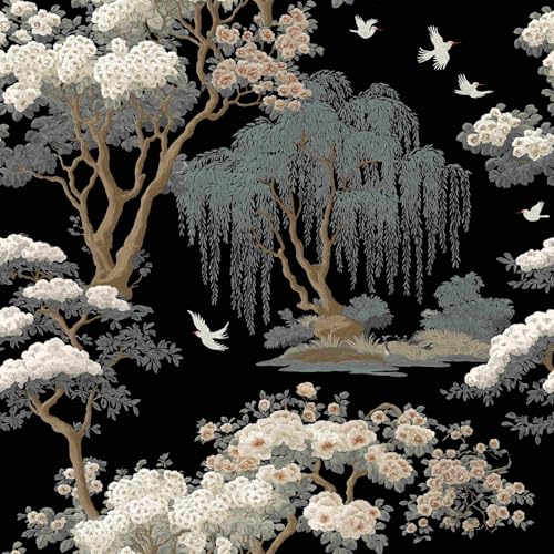 Vintage Garden Weeping Willow White Blossom Tree Crane Bird Peel and Stick Wallpaper Easy Peel Off Contact Paper Stick on Adhesive Wall Paper for Bathroom Waterproof Renter 17.71"x236.2" - color: LD-140b, size: 17.7" x 236"