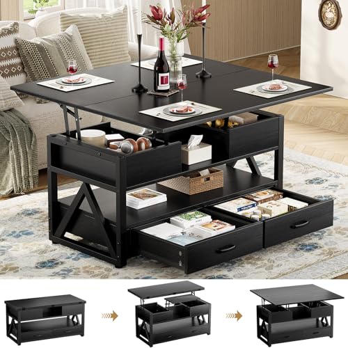 40" Lift Top Coffee Table with Storage,Black | 4 in 1 Multi-Function Lifting top Coffee Tables with Storage Drawers and Hidden Compartmen,for Living Room - color: Black