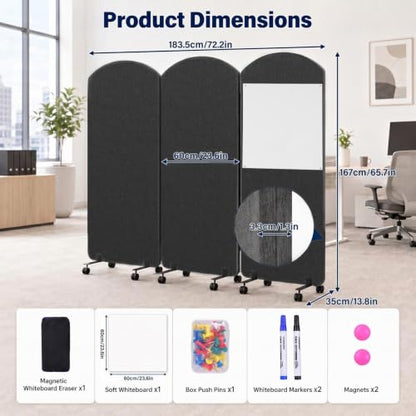 3-Panel Office wall Divider W/Wheels, 72 x 66 in Portable Partition wall | Office Dividers for Sound Proofing & Reducing, Freestandings Privacy Cubicle Temporary Wall with Whiteboards, pen, thumbtacks - color: Dark Gray