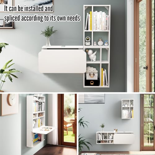Floating Desk with Storage Shelves, 81'' Wall Mounted Desk Laptop Writing Study Table, Folding Drop Leaf Table, Multifunctional Computer Workstation for Narrow Small Space